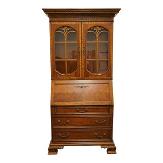 High End Vintage Mahogany Rustic European Style 44" Drop-Front Secretary Desk W. Display Hutch 576-60 / 576-61 For Sale
