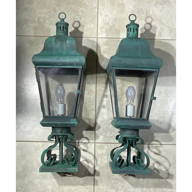 Pair of Vintage Solid Brass Post Lanterns. 27”h X 8”.5 X 8”.5 For Sale - Image 4 of 16