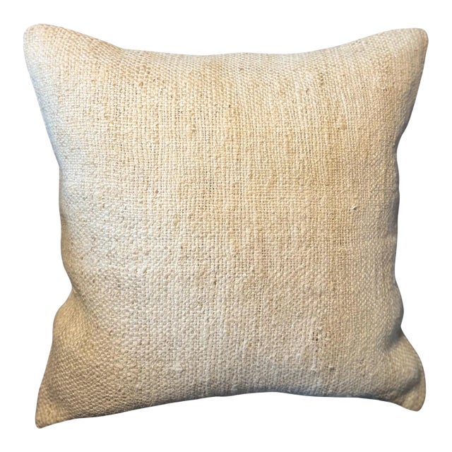 Vintage Turkish Hemp Pillow, Natural Ivory White Cushion, Handwoven Anatolian Pillow With Insert, 16x16 In For Sale