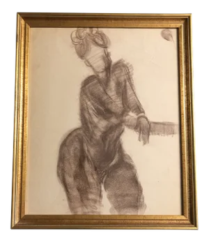 Original Vintage Brown Chalk Female Nude Life Study Drawing