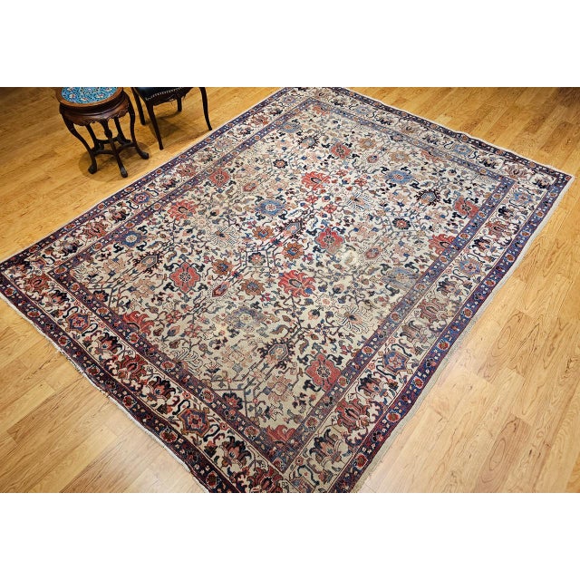 Vintage Persian Tabriz Rug, Hand-Knotted Wool, Allover Geometric Pattern, Ivory & Blue, 8x10 For Sale - Image 9 of 18