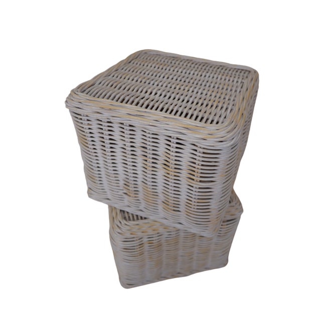 1950s Pair of Whitewashed Rattan Cubes For Sale - Image 4 of 4