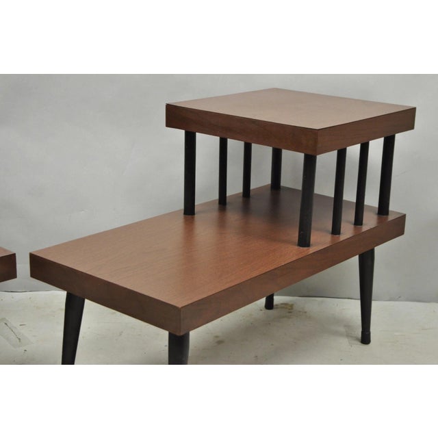 Mid 20th Century Vintage Mid Century Modern Two Tier Step Walnut Laminate Spindle End Table, Pair For Sale - Image 5 of 15
