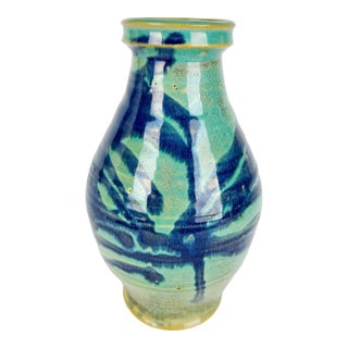 Vintage Studio Pottery Vase - Turquoise & Cobalt Glazed Stoneware - MCM Style For Sale