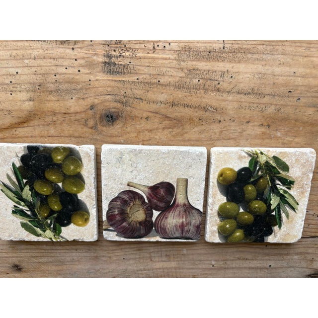Stone Vintage Italian Olive & Garlic Travertine Stone Coasters, Set of 3 For Sale - Image 7 of 10