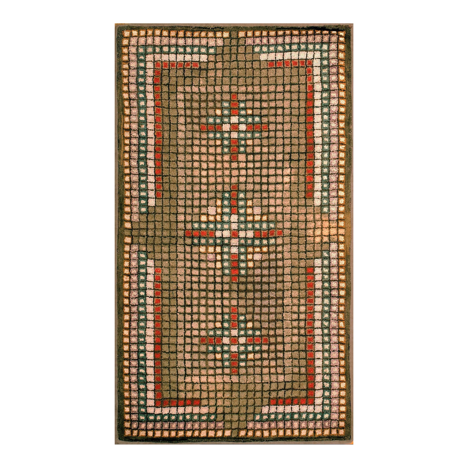 1940s Brown Tiled Squares Cross Antique American Hooked Rug 2'6