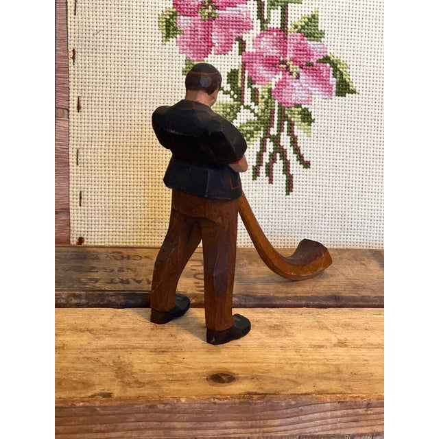 1970s Black Forest Wood Carving of Man Blowing a Swiss Horn For Sale - Image 4 of 7