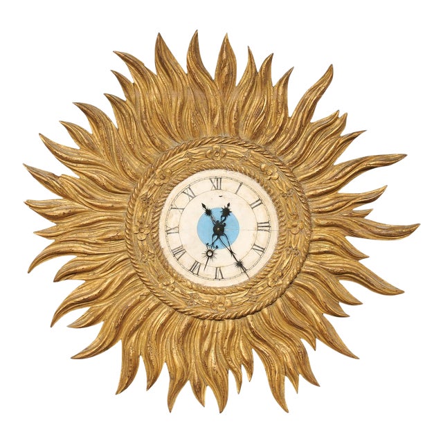 Mid 20th Century Spanish Gold Sunburst Wall Clock For Sale