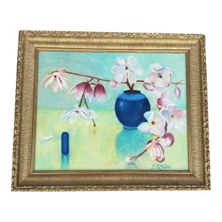 Vintage Oil Painting Floral Still Life Orchids in Vase For Sale