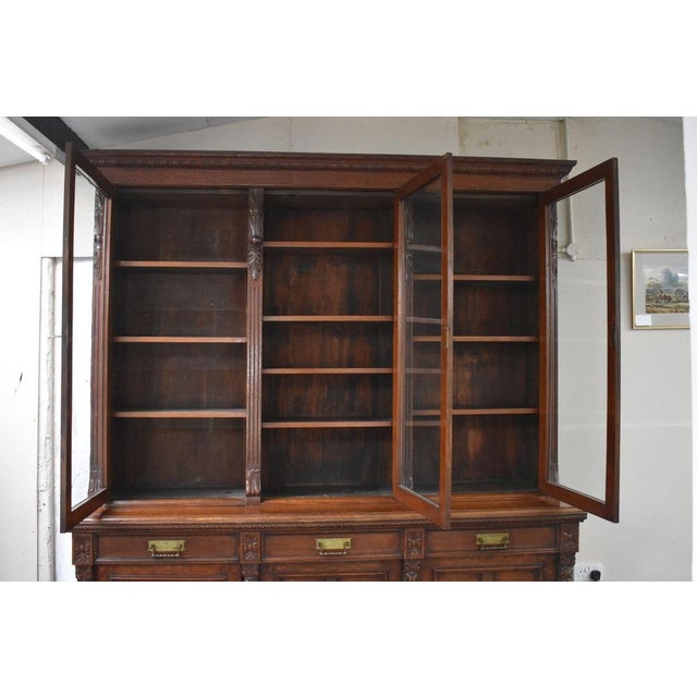 Brown Victorian Three Door Bookcase in Carved Oak, 1880 For Sale - Image 8 of 12