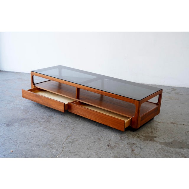 John Keal for Brown Saltman Mid-Century Modern Coffee Table with Smoked Glass Top Designed by John Keal for Brown Saltman,...