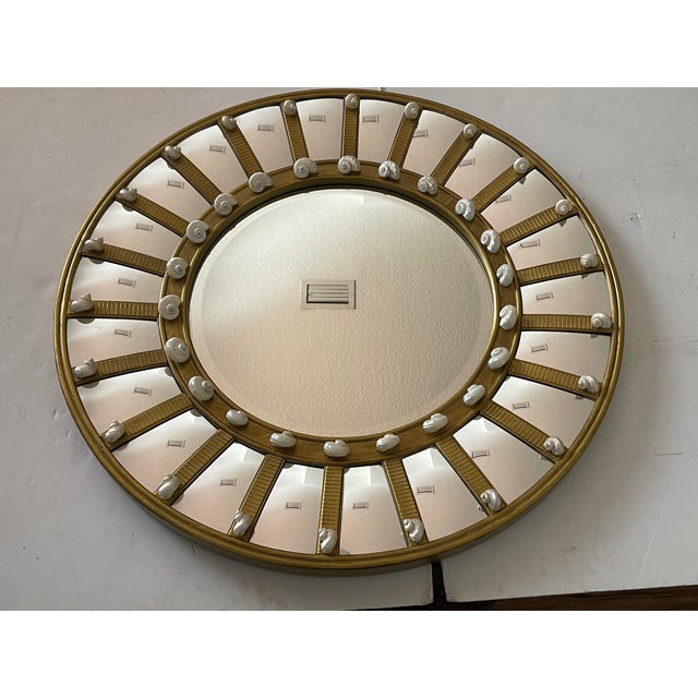 Coastal 1970s 35” Round Bevelled Mirror With Turbo Sra Shells Mother of Pearl For Sale - Image 3 of 8
