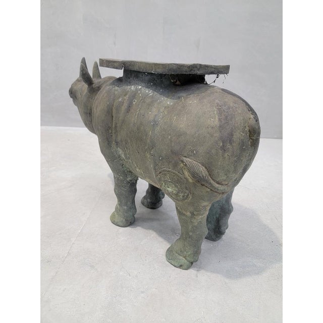 Asian Antique Antique Balinese Hammered Bronze Saddled Rhino Plant Stand/Cocktail Table - Set of 2 For Sale - Image 3 of 5