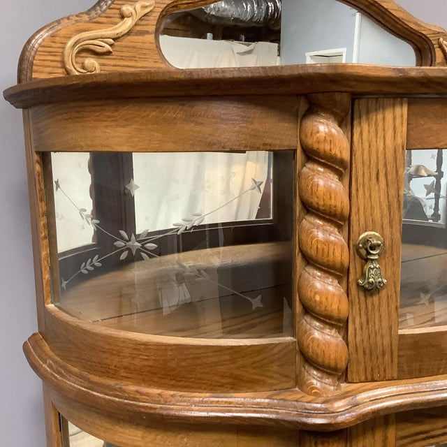 Oak China Cabinet W Additional Top Storage Glass Front Rope Turned Trim Mirrored For Sale - Image 11 of 12