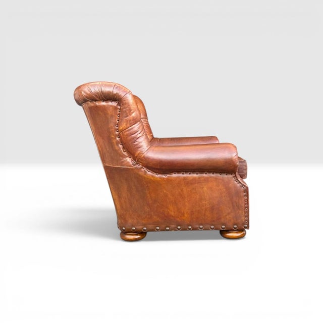 1990s 1990s English Churchill Leather Armchair With Rolled Arms & Brass Nailhead Trim For Sale - Image 5 of 12