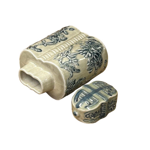 Ceramic Cream Celadon Porcelain Blue Flower Graphic Cylindrical Container For Sale - Image 7 of 12
