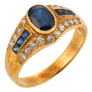 Vintage Sapphire Diamond 18k Yellow Gold Ring, Size 5.25 For Sale