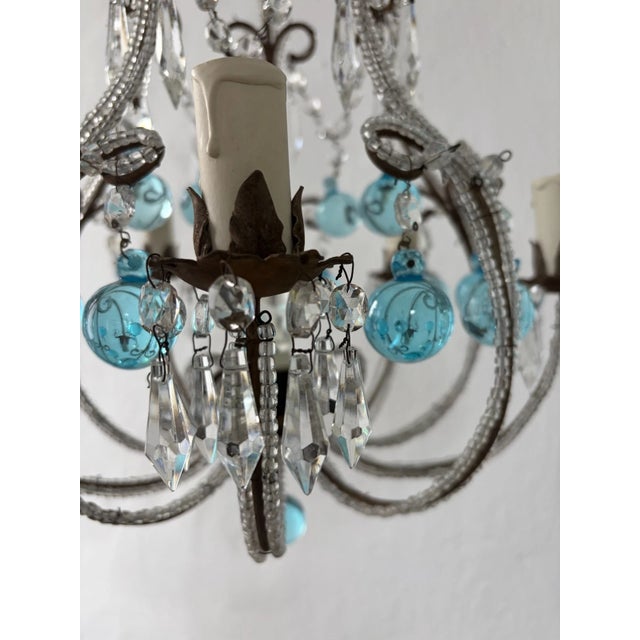 Glass French French Aqua Blue Murano Balls Beaded Swags W Spear Chandelier, Circa 1900 For Sale - Image 7 of 13