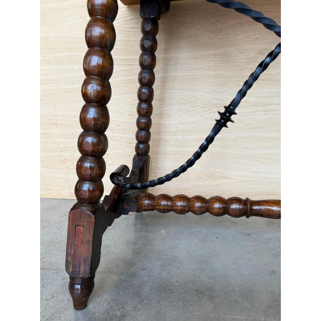 19th Spanish Sturdy Side Table with Carved Turned Legs and Double Stretcher For Sale - Image 12 of 18