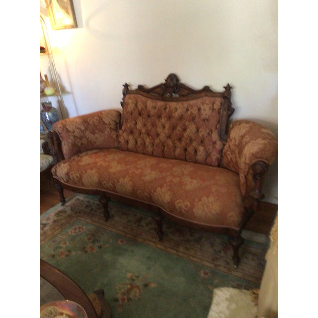 Victorian Ornate Antique Victorian - Style Carved Wood Sette and Two Matching Chairs For Sale - Image 3 of 16