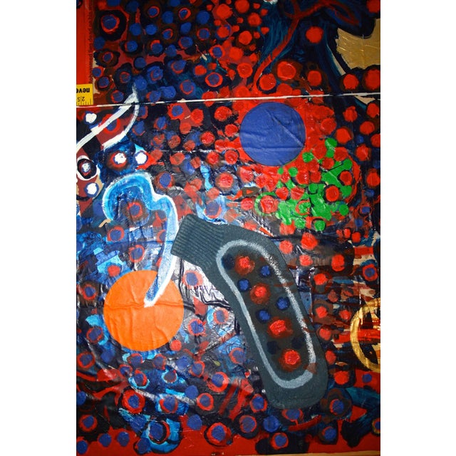 The artist made frame is made of yardsticks., This is a mixed media painted assemblage incorporating a sock. José Ramón...