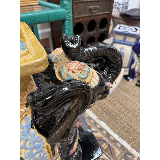 Black Vintage Colorful Black Porcelain Elephant Garden Stools, a Pair For Sale - Image 8 of 12
