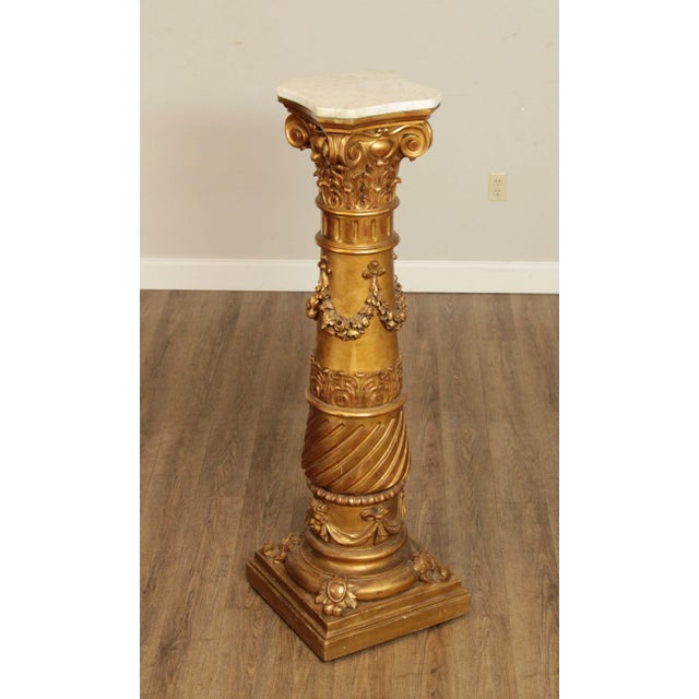 High Quality Antique Giltwood Marble Top Pedestal, Ornately Carved and in the Form of a Corinthian Column