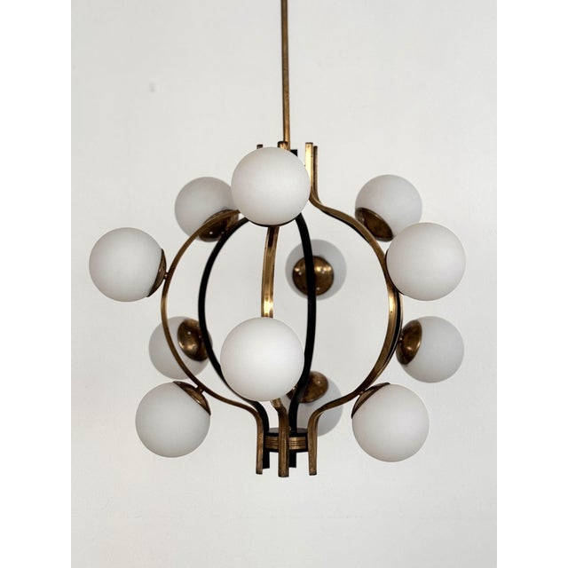 Metal Mid-Century Italian Brass and Opaline Glass Chandelier from Stilnovo, 1950s For Sale - Image 7 of 18
