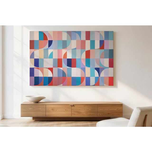 Bauhaus 2026, Bauhaus Painting on Canvas in Blue and Red, Against the Current, Geometric Arches and Curves by Natalia Roman For Sale - Image 3 of 8
