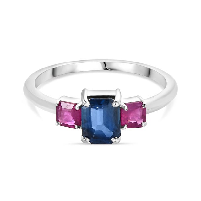 Metal 14k Ruby Sapphire Three Stone Gold Engagement Ring Size 7 For Sale - Image 7 of 12