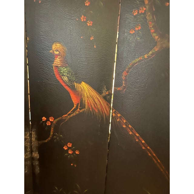 Traditional Antique Three Panel Screen With Painted Birds and Flowers. For Sale - Image 3 of 5