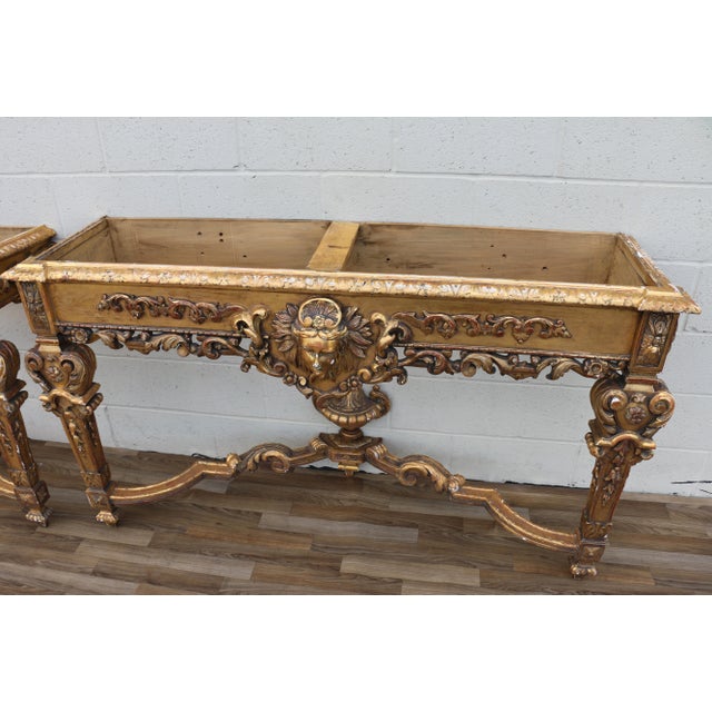 Antique Italian Baroque Giltwood Console Tables With Breccia Marble Tops | Pair | Circa 1900s For Sale - Image 17 of 18