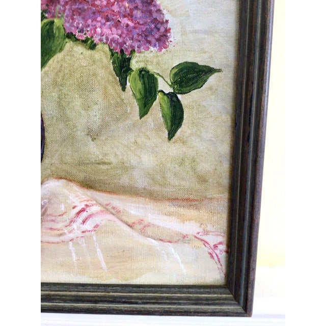 Vintage Original Oil Painting “Lilacs in Vase” in Wood Frame For Sale - Image 9 of 13