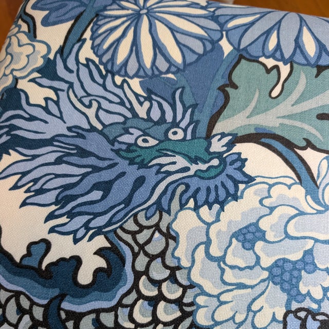 Schumacher Chiang Mai Dragon Skirted Ottomans in China Blue - Pair For Sale - Image 13 of 13