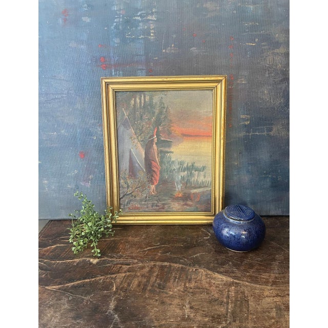 1921 Original Oil Painting by H. Noble – Native American Figure at Sunset – Antique Landscape Art For Sale - Image 9 of 12
