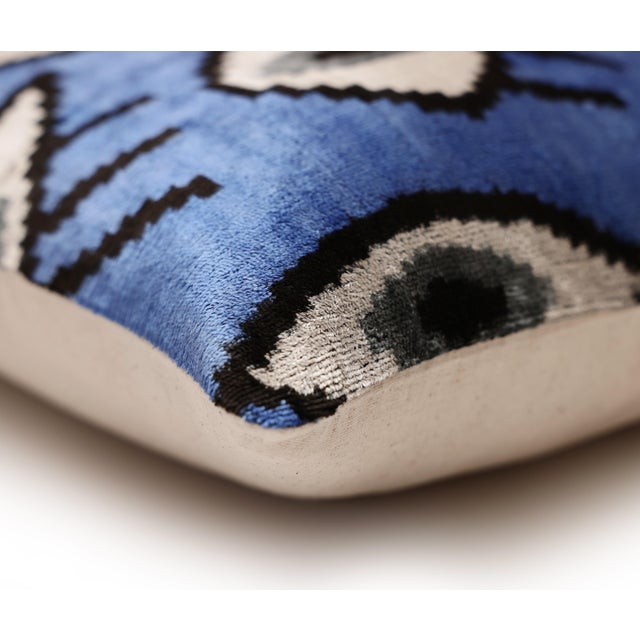 Blue Ikat Velvet Throw Pillow 16x16 | Handmade Luxury Accent For Sale In San Francisco - Image 6 of 8