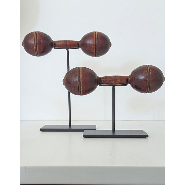 Early 20th Century Small Antique Wooden Dumb Bell on Iron Stand – Vintage Gym Décor, Sculptural Object, Industrial Accent For Sale - Image 5 of 6