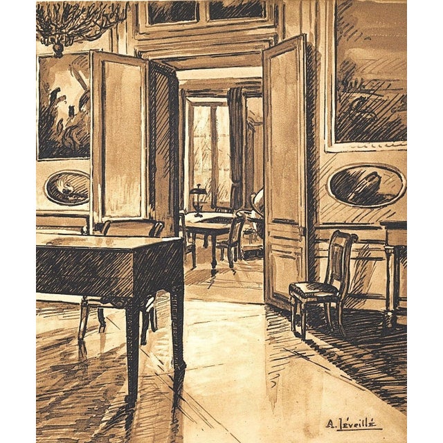 French 1925 French Antique Interior Lithograph-Chateau Fountainebleau, Matted For Sale - Image 3 of 4