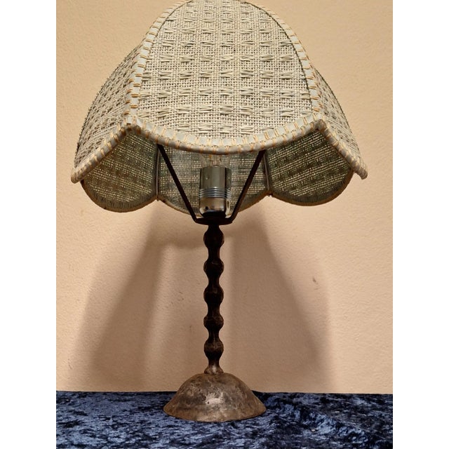 Mid-Century Rustic Wrought Iron Table Lamp with Mint-Beige Fabric Shade, 1950s For Sale - Image 6 of 9