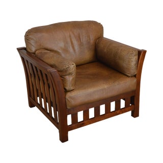 Mission Style Solid Cherry Slatted Club Chair With Brown Leather by Tell City For Sale