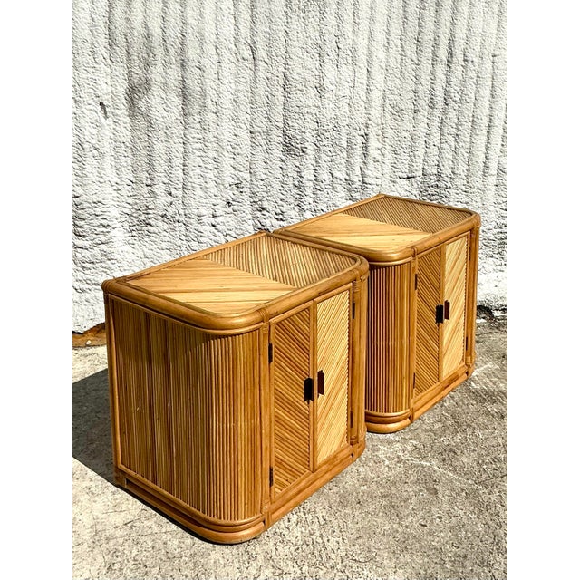 Camel Vintage Boho Chevron Pencil Reed Nightstands - A Pair For Sale - Image 8 of 12
