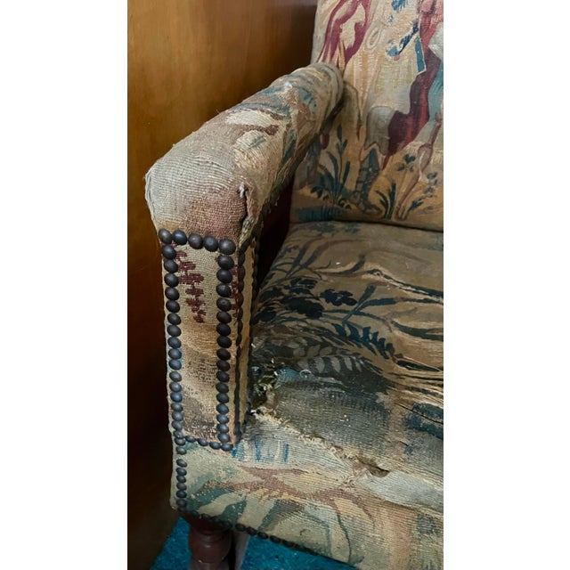 19th C Settee With Distressed Angel Fauna Tapestry Loveseat Bench Sofa For Sale - Image 6 of 12