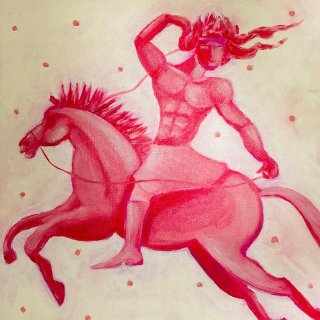 Contemporary Original Red Mythological Warrior on Horse Painting by Tatiana Duperault, 12" Square, Gold Framed For Sale - Image 3 of 4