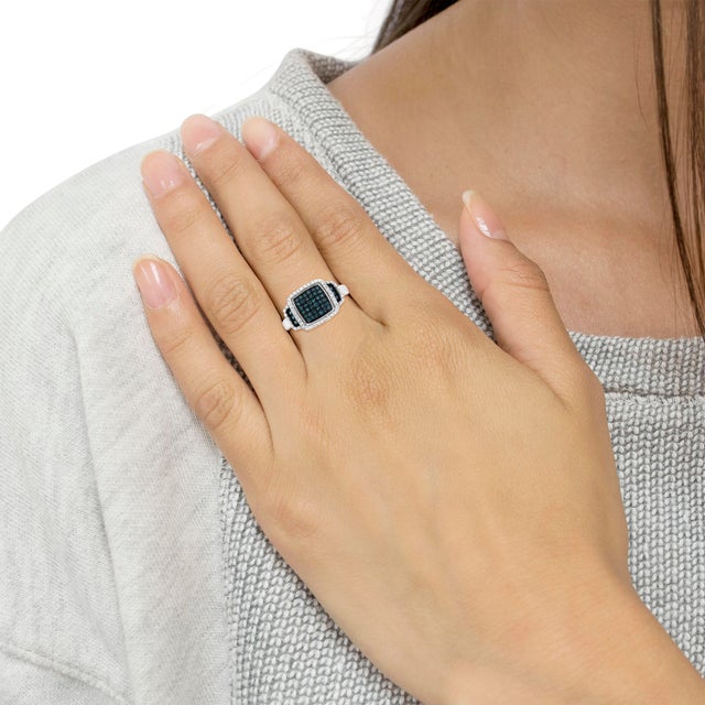 Black Rhodium Plated .925 Sterling Silver 1/2 Cttw White & Blue Diamond Square Halo Cocktail Ring - SIze 7 For Sale In New York - Image 6 of 7