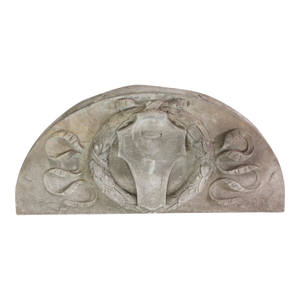 Mid 20th Century Reclaimed Wreath & Shield Carved Limestone Pediment Transom