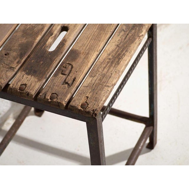 Industrial Antique Industrial Stool in Pine Wood and Iron, Central Europe, 1950 For Sale - Image 3 of 8