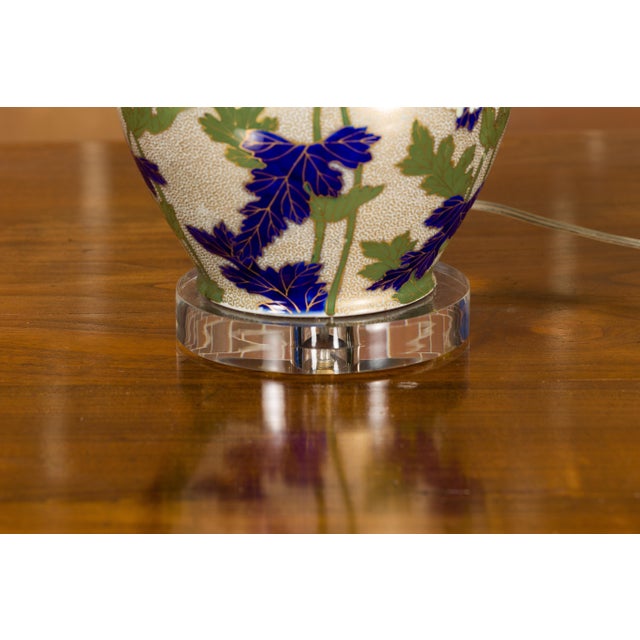 Mid-Century Modern Mid 20th Century French Porcelain Bulbous Table Lamp with Floral Décor on Lucite Base For Sale - Image 3 of 12