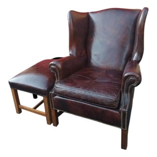 Stunning Wingback Leather Armchair and Matching Ottoman by Classic Leather. For Sale