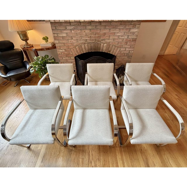Set of Six, Custom Cantilever Dining Chairs Upholstered in Ivory, Attributed to Ludwig Mies Van Der Rohe For Sale - Image 11 of 18
