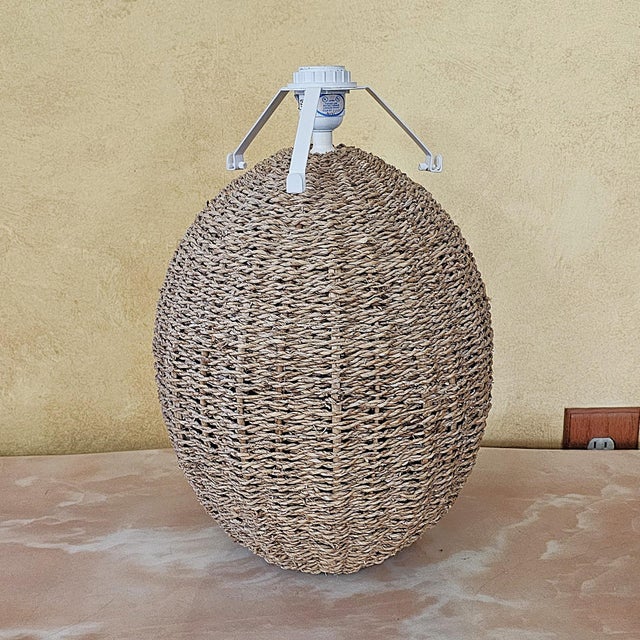 Wood Vintage Ikea Woven Rattan Coastal Boho Table Lamp With White Frosted Glass Shade For Sale - Image 7 of 18